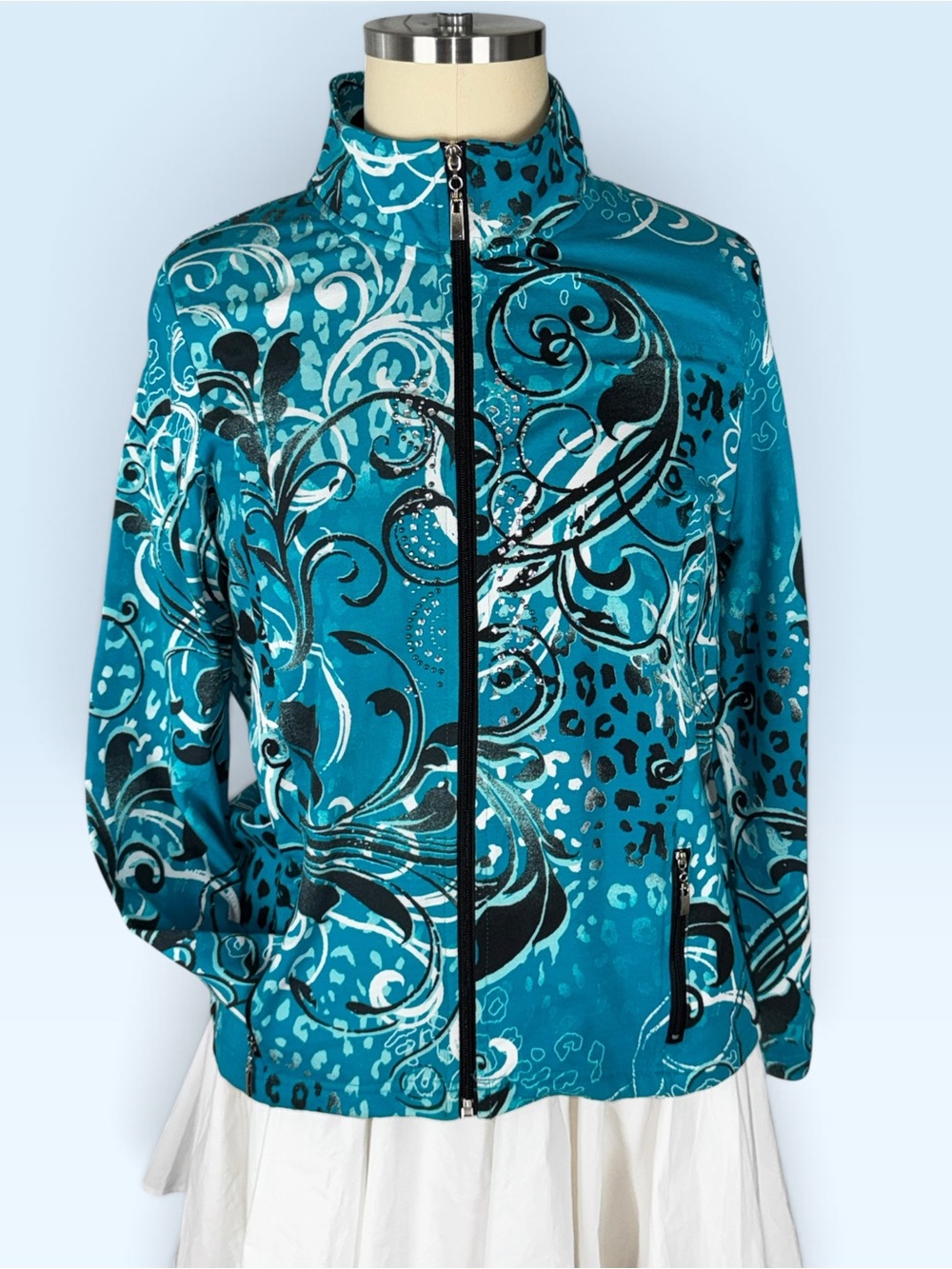 Onque Petite PXL Teal Rhinestone Y2K Graphic Animal Print Zip Jacket